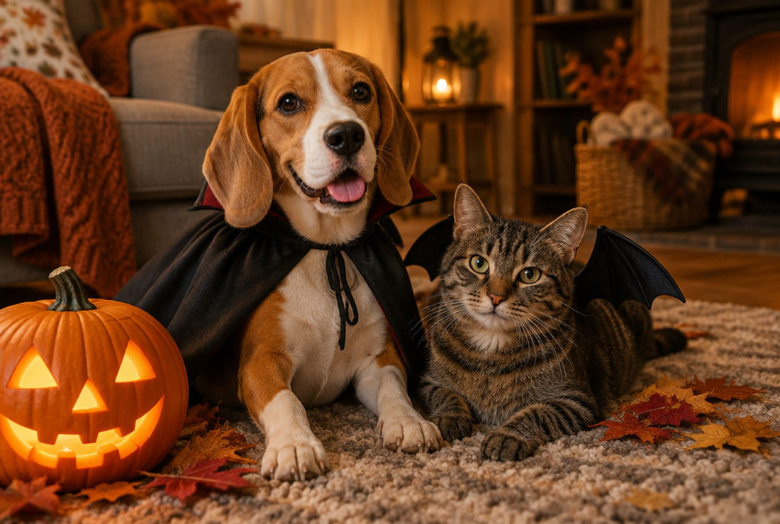 Beagle in a vampire cape and tabby cat with bat wings next to a jack-o’-lantern