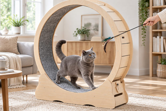 Grey cat stepping into a wooden cat exercise wheel, lured with a feather wand
