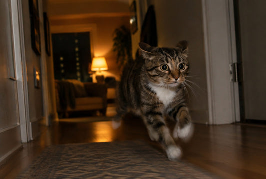 Tabby cat sprinting down a hallway at night with the zoomies