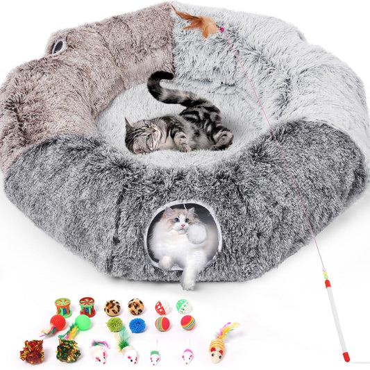 Fluffy Donut Cat Tunnel Bed with Detachable Cushion + 20 Cat Toys