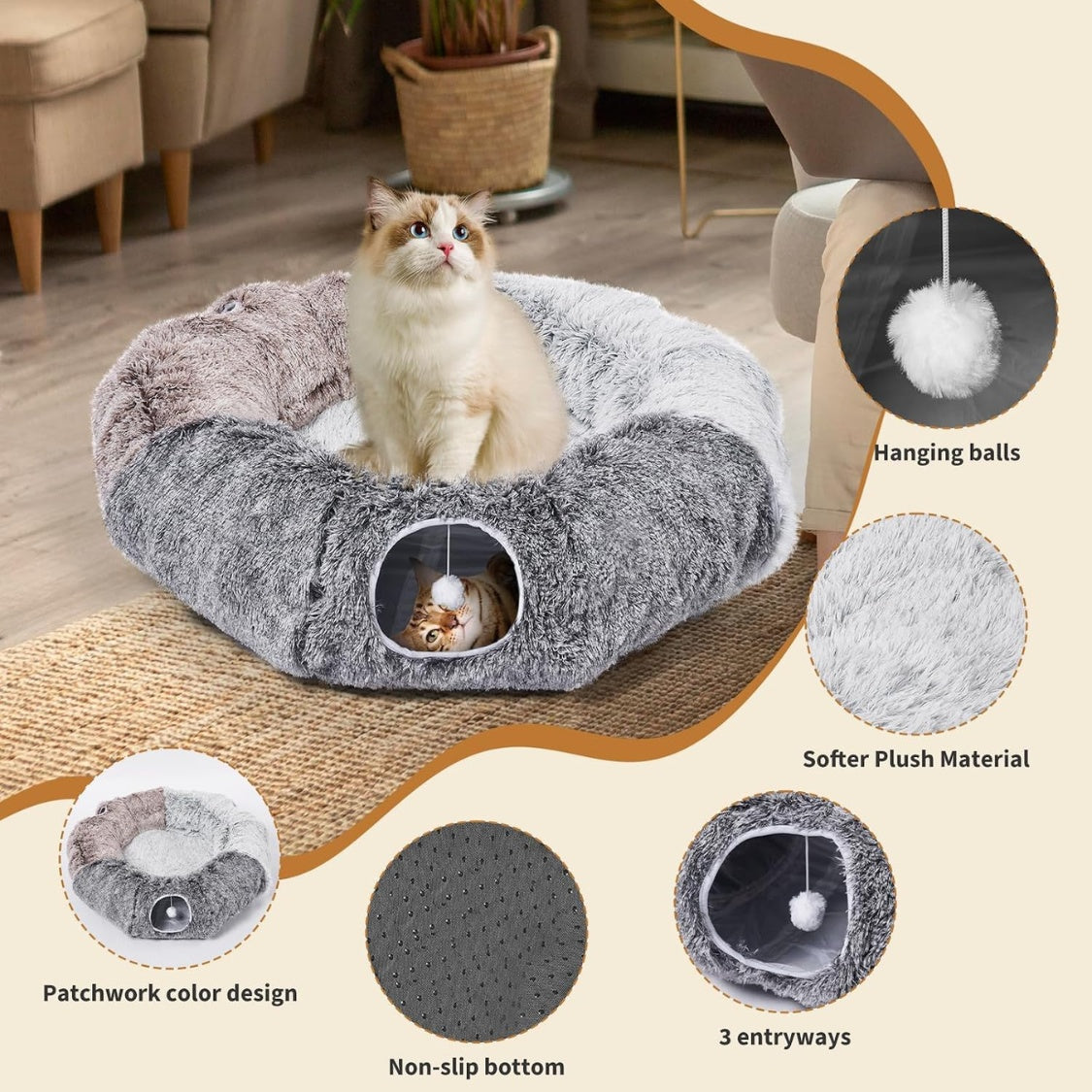 Fluffy donut cat tunnel bed with center cushion