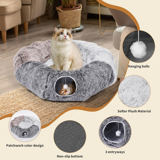 Fluffy donut cat tunnel bed with center cushion