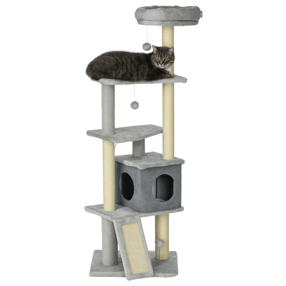 57" Large Cat Tree with Condo, Bed, Sisal Posts & Toys – Light Grey – photo 7