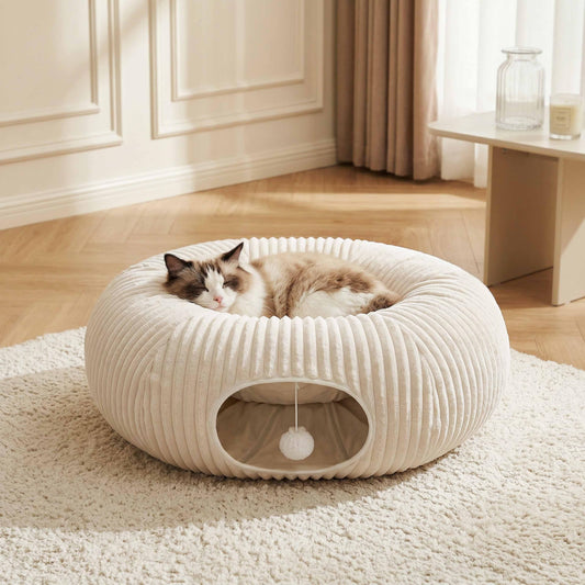 Ribbed plush donut cat tunnel bed