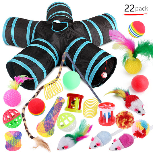 22-piece cat toy set with collapsible tunnel
