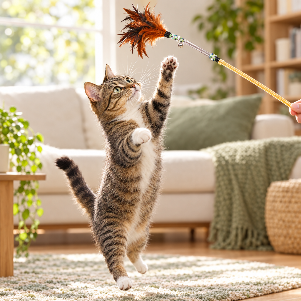 Tabby cat leaping at a feather cat wand with bell and beads