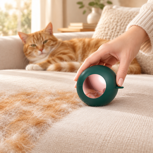 Hand rolling the green pet hair remover ball over a sofa covered in cat hair