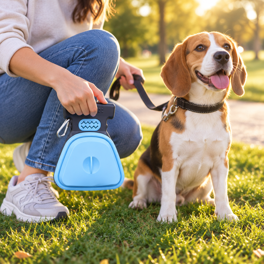 Owner holding the blue foldable poop scooper next to a beagle in the park