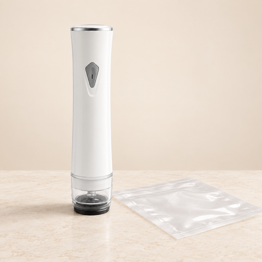 Portable handheld vacuum sealer on a stone surface with a vacuum bag